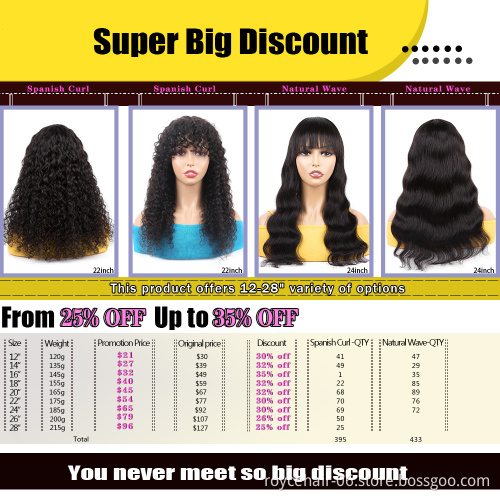 100% human hair Brazilian Remy hair wigs with Bangs Full Machine Made Wigs no Lace wigs For Women